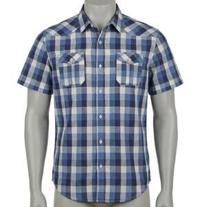 Straight Faded Button Up Shirt Mens XXL Blue White Plaid Short Sleeve Cotton